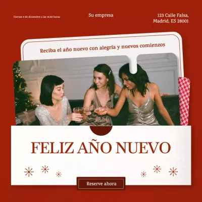 Red y blanco: evento moderno de Año Nuevo en redes sociales