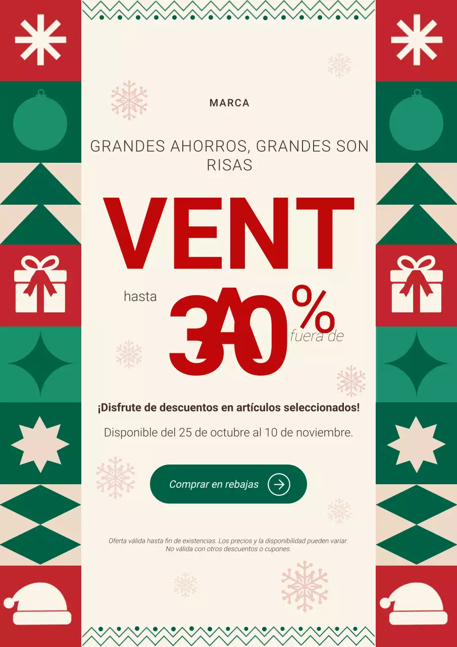 Póster promocional navideño geométrico en verde y rojo