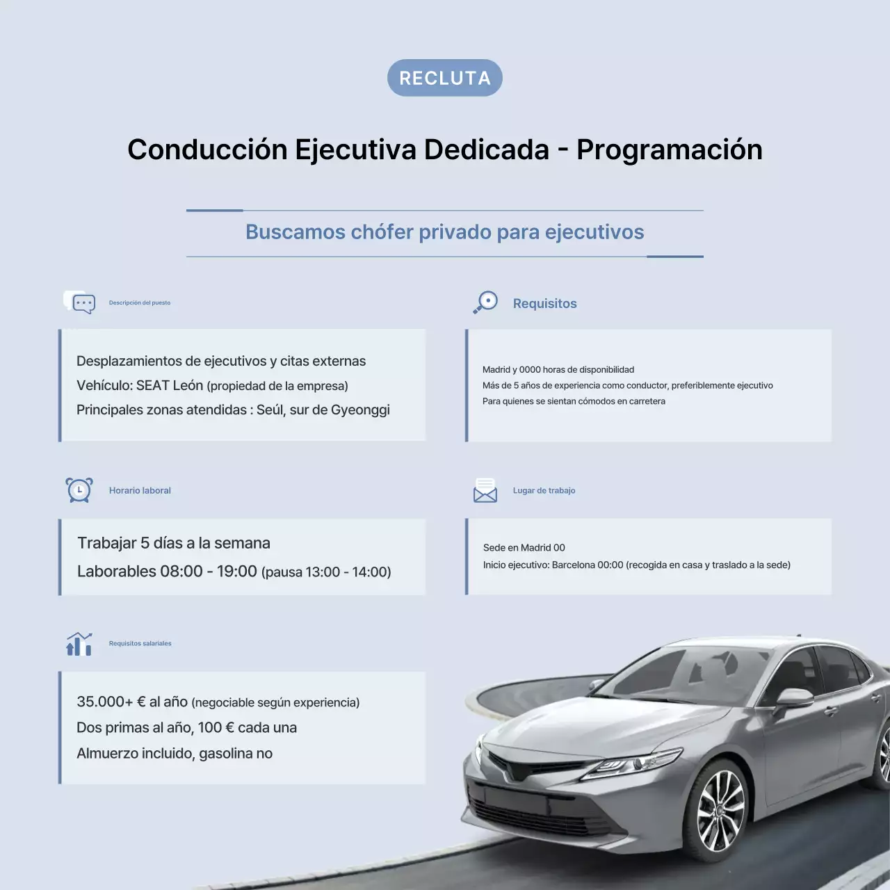 Oferta de trabajo de chófer personal minimalista azul celeste