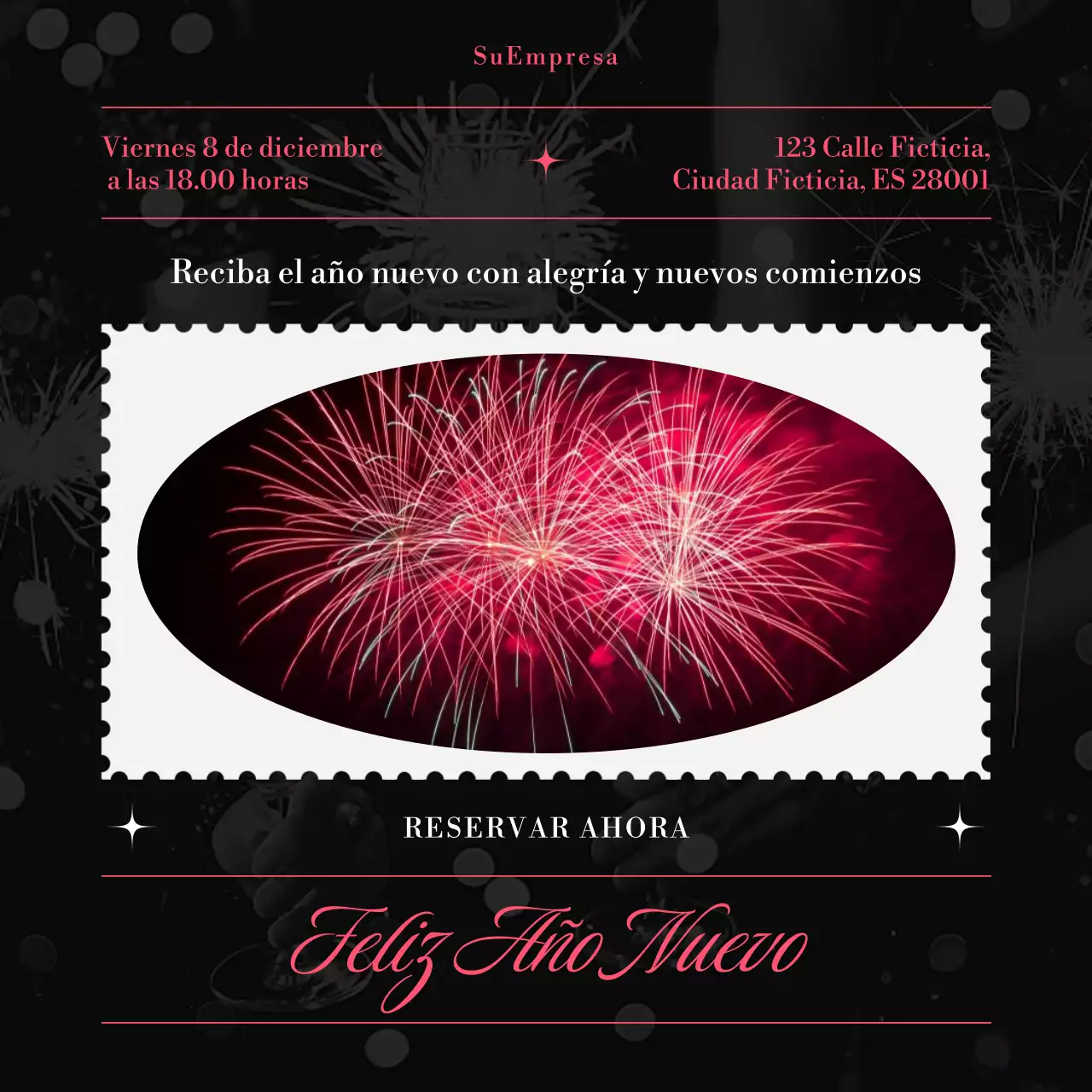 Cuadrado para redes sociales del evento minimalista de Año Nuevo en blanco y negro