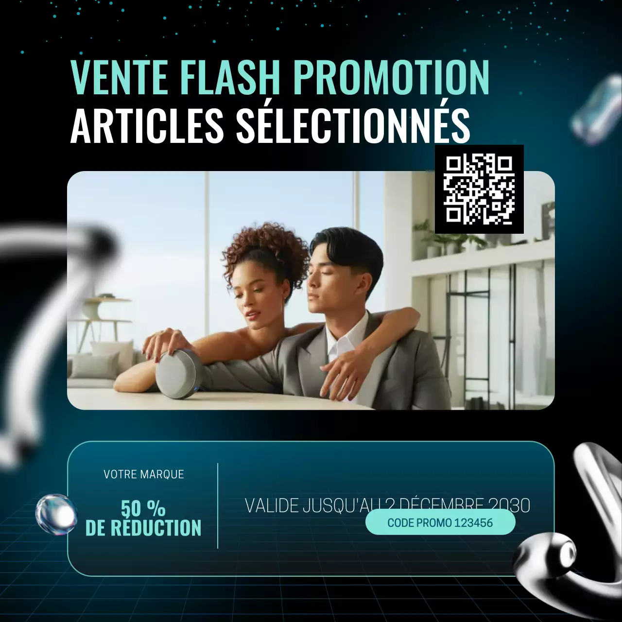 Offre spéciale Nouvel An sur les réseaux sociaux : coupon pour un ensemble abstrait noir et bleu (réseau social).