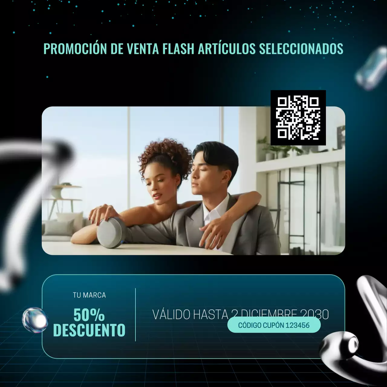 Cupón promocional del paquete abstracto negro y azul para redes sociales de Año Nuevo