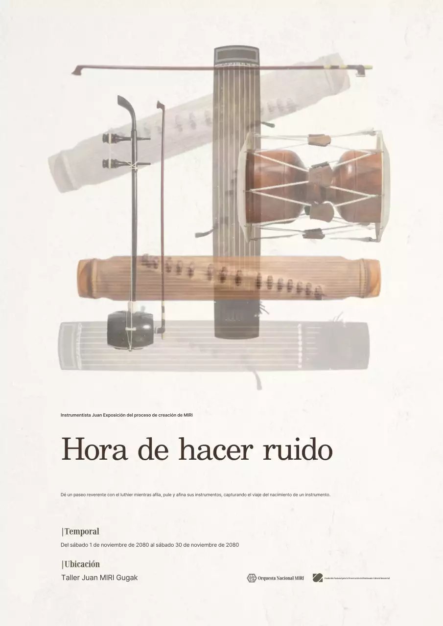 Exposición de instrumentos musicales tradicionales color beige