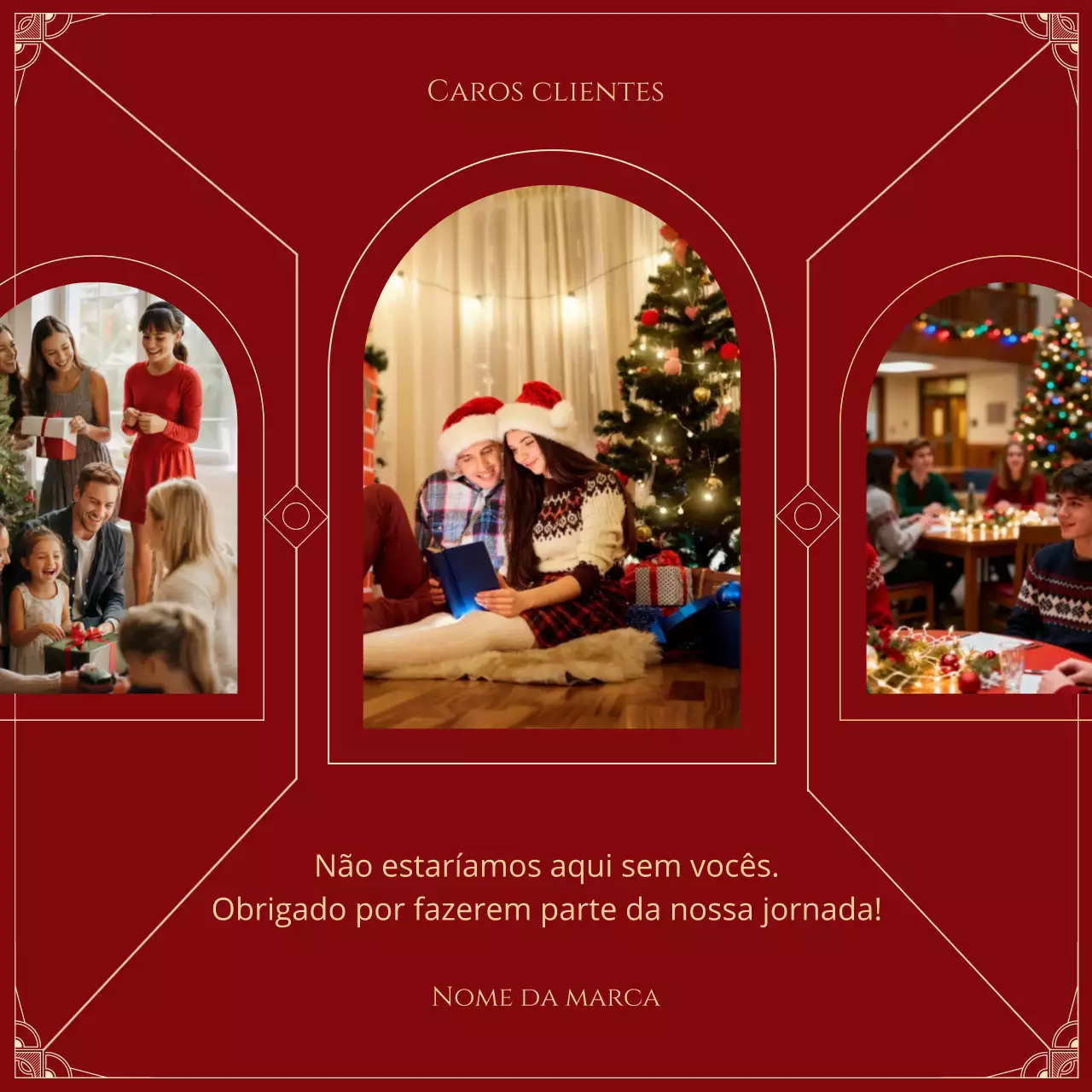 Quadrado para redes sociais com mensagem natalina minimalista em estilo Art Déco nas cores vermelho e dourado, nas cores da bandeira americana.