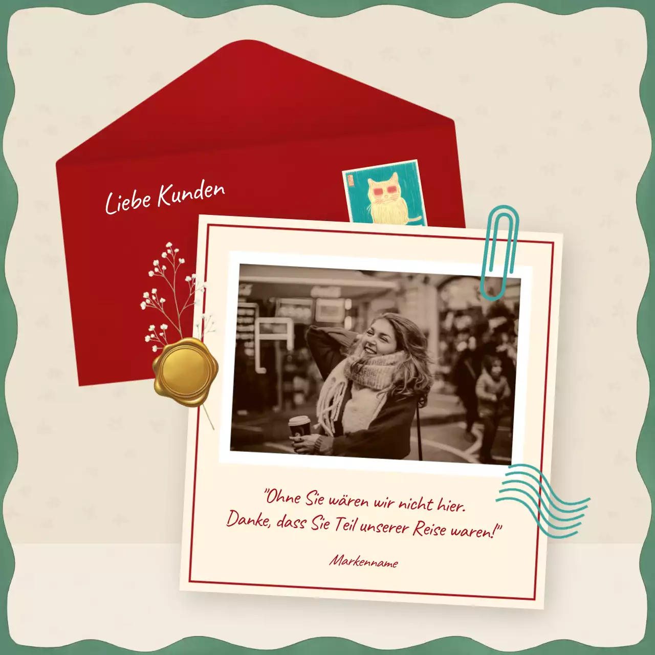 Moderne, verspielte Neujahrsgrüße in Rot und Beige für soziale Medien (Platz)