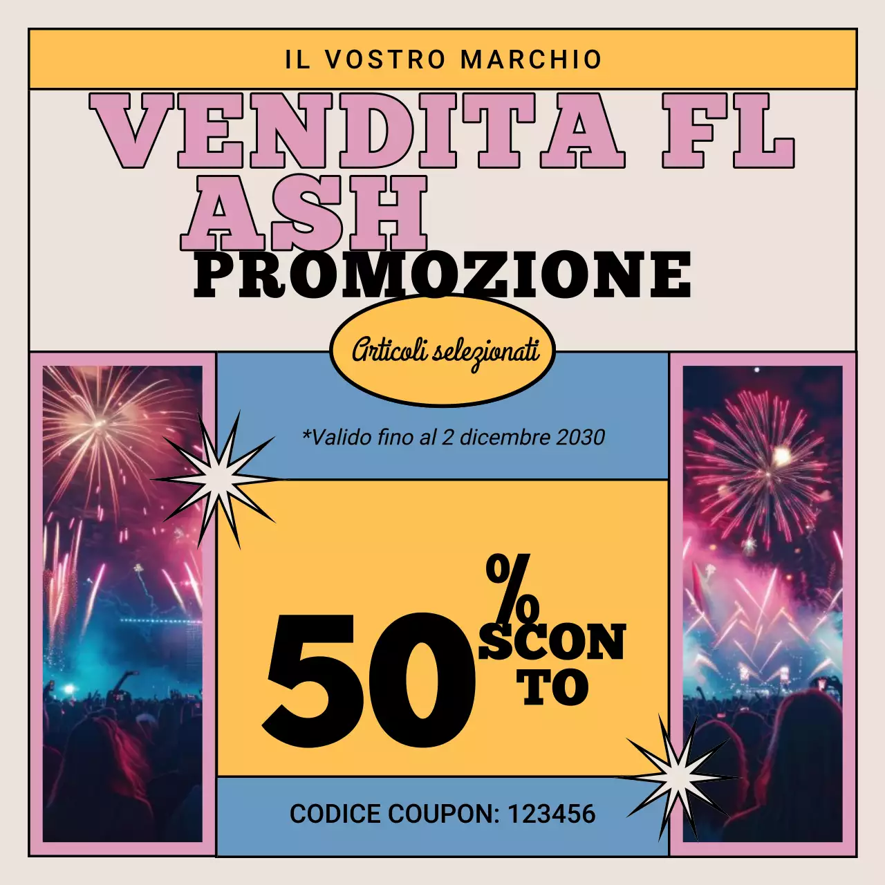 Coupon promozionale per il pacchetto retrò giallo beige per i social media di Capodanno