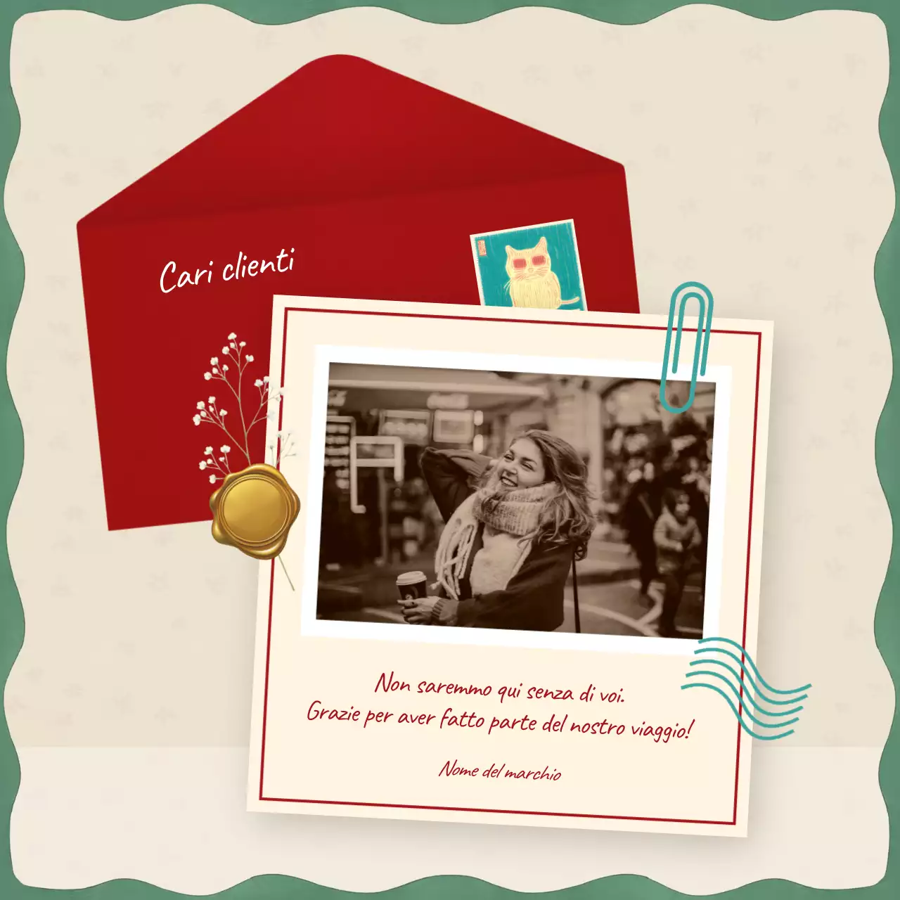 Quadrato dei social media per auguri di Capodanno moderno e giocoso, rosso e beige