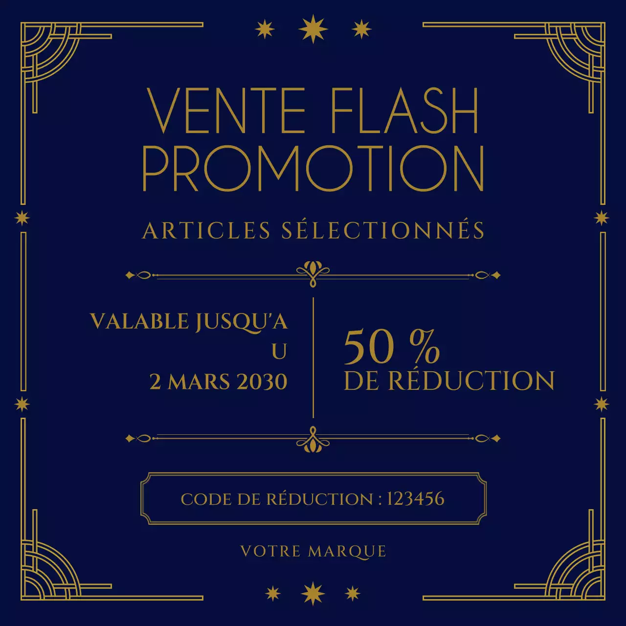 Offre spéciale Nouvel An sur les réseaux sociaux : ensemble Art déco marron et jaune avec coupon promotionnel pour les réseaux sociaux.