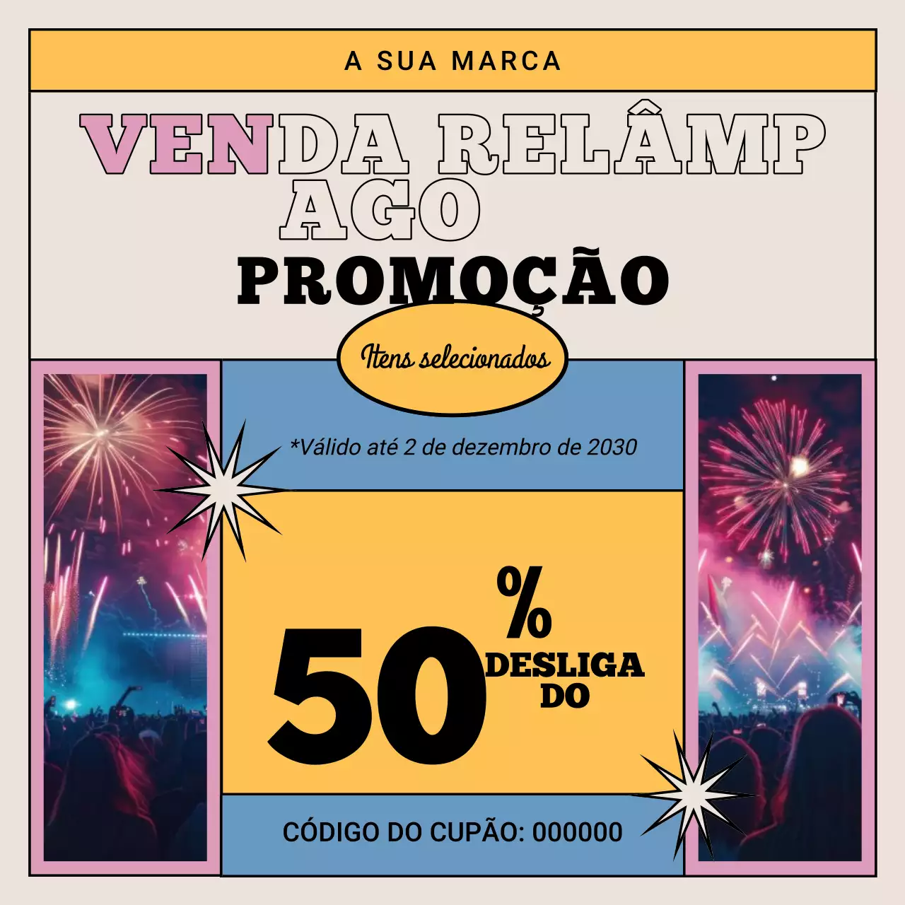 Cupom de desconto para o pacote retrô amarelo e bege no Ano Novo nas redes sociais