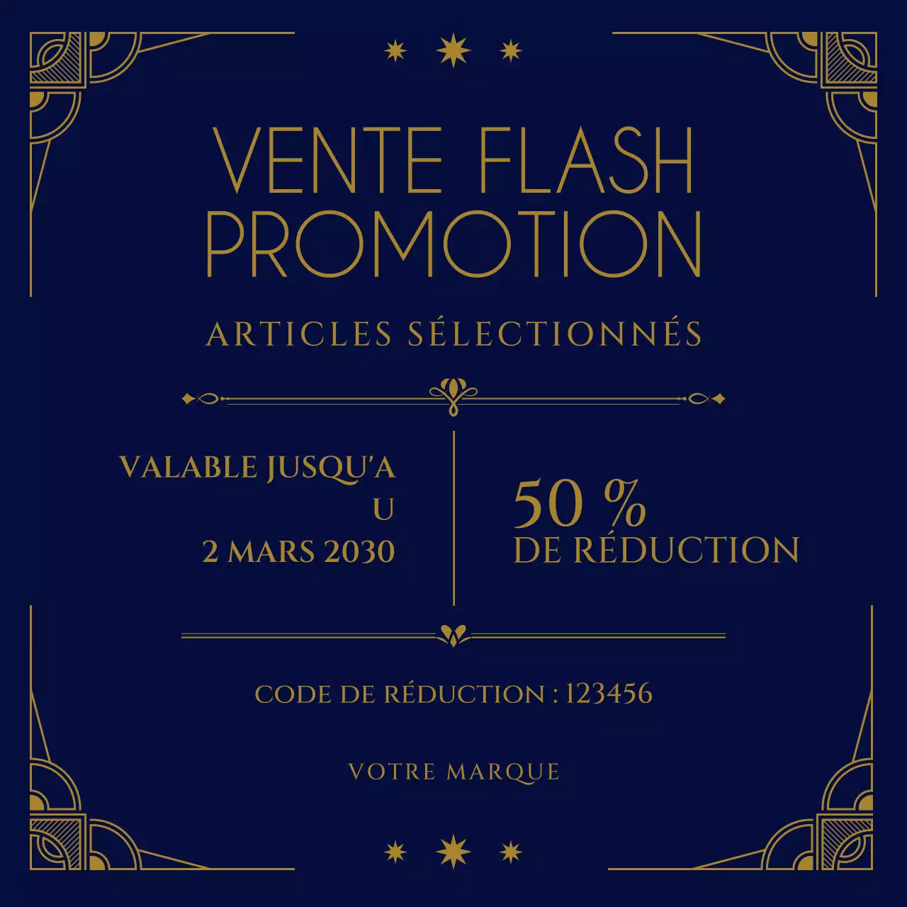 Offre spéciale Nouvel An sur les réseaux sociaux : ensemble Art déco marron et jaune avec coupon promotionnel pour les réseaux sociaux.