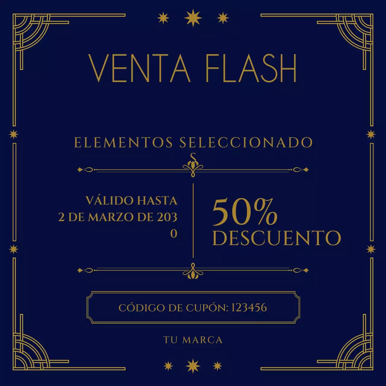 Cupón promocional del paquete Art Déco marrón y amarillo para redes sociales de Año Nuevo