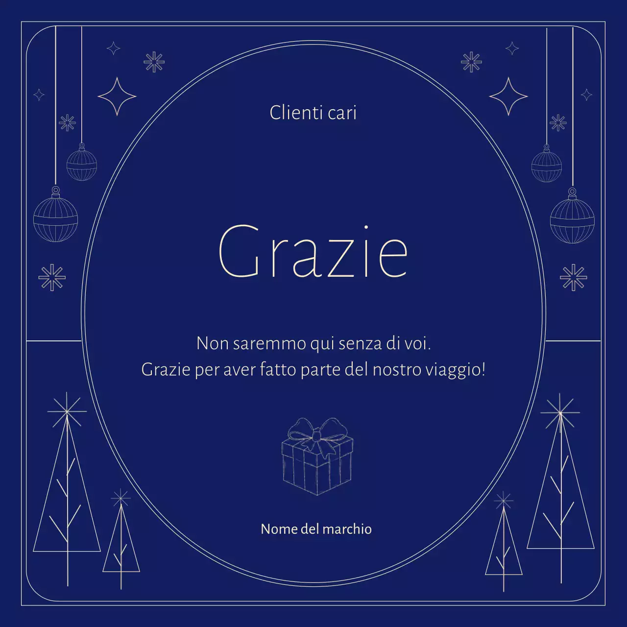 Social Media Square, auguri di Natale minimalista in stile Art Déco blu e beige