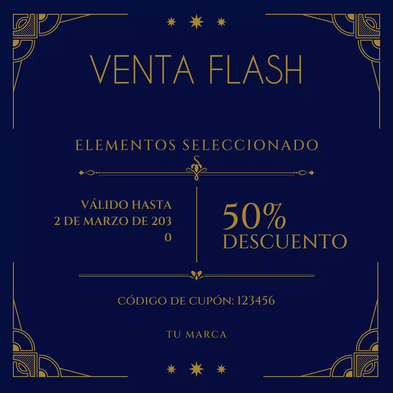 Cupón promocional del paquete Art Déco marrón y amarillo para redes sociales de Año Nuevo