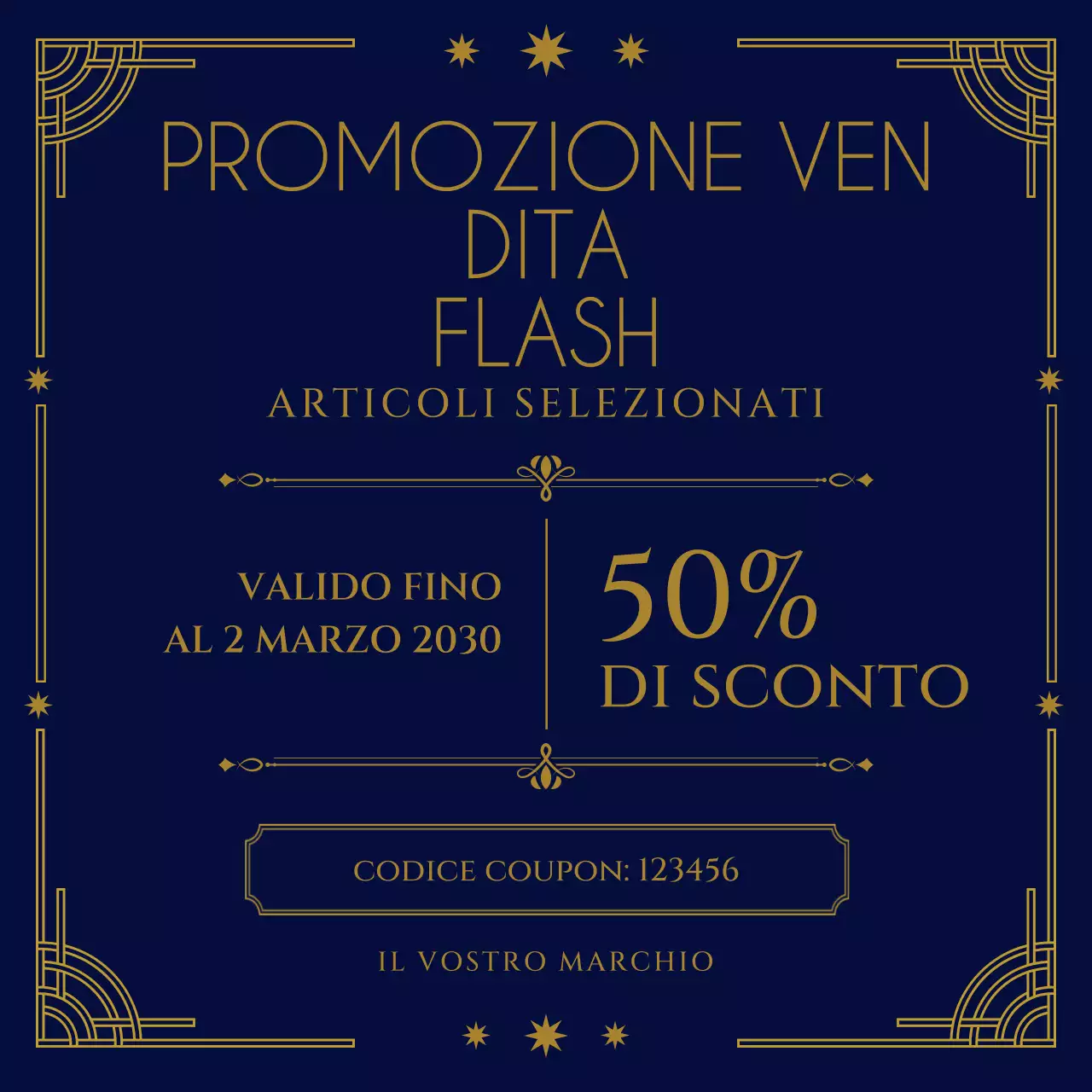 Coupon promozionale per il pacchetto Art Déco marrone e giallo per i social media di Capodanno