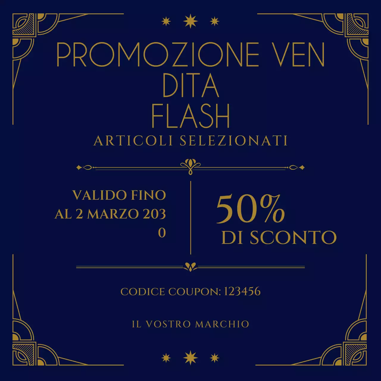 Coupon promozionale per il pacchetto Art Déco marrone e giallo per i social media di Capodanno