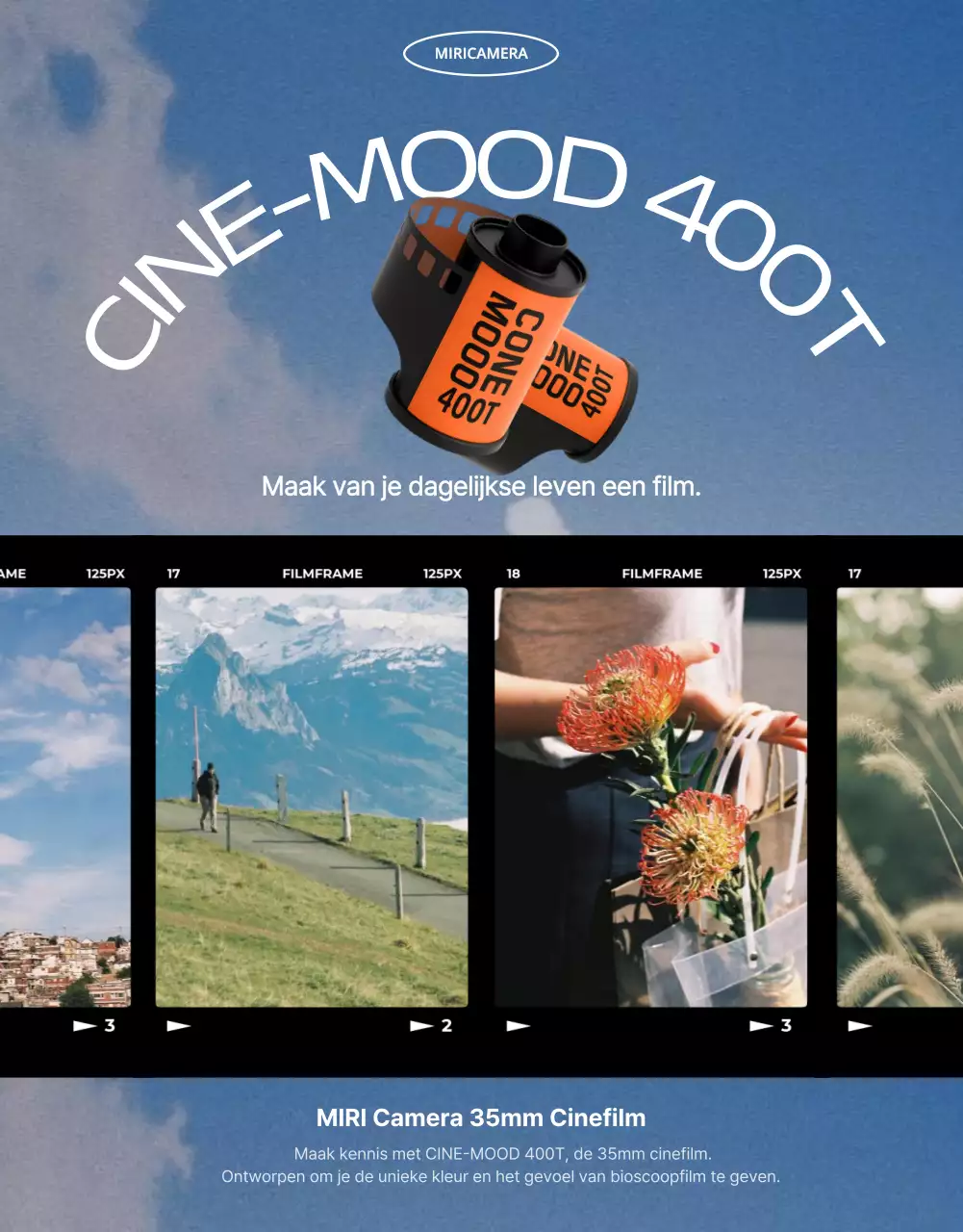 Blauwe vintage filmcamera-advertentie