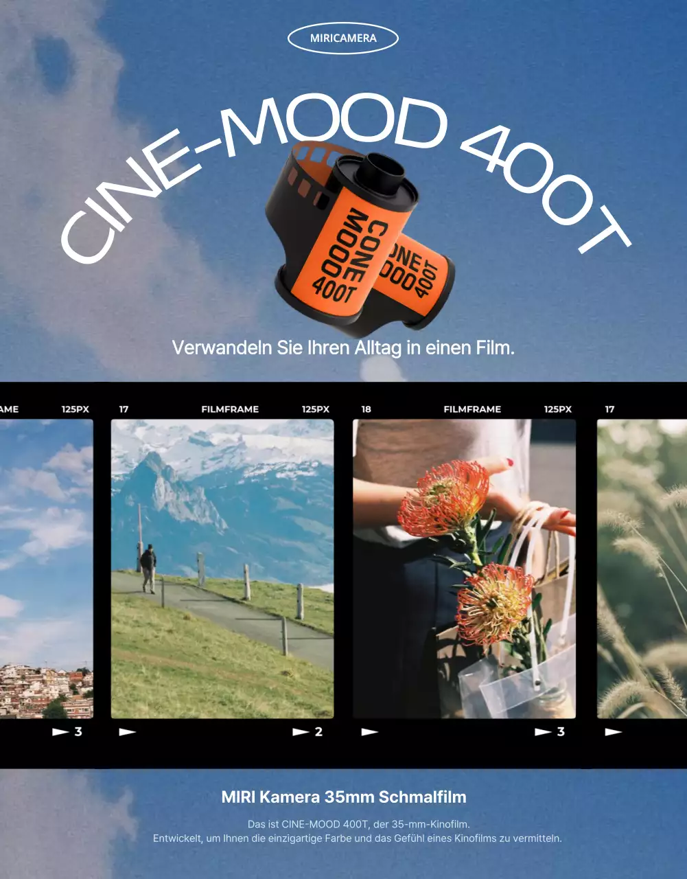 Werbung für eine blaue Vintage-Filmkamera