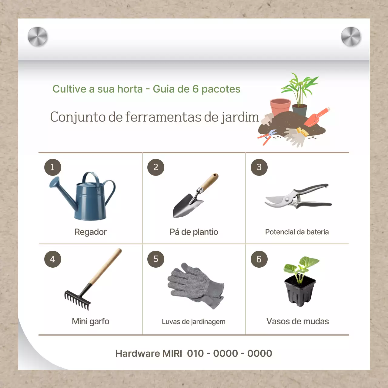 Apresentamos os produtos de jardinagem simples na cor bege.