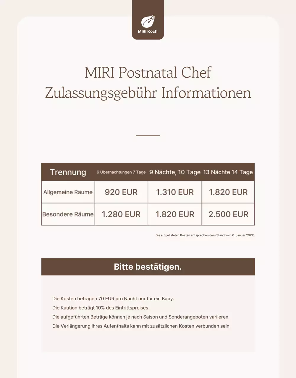 Werbung für ein elegantes, beigefarbenes Wochenbettpflegezentrum