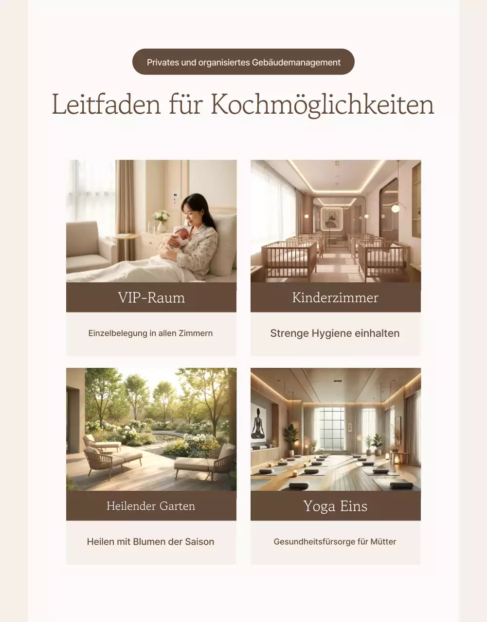Werbung für ein elegantes, beigefarbenes Wochenbettpflegezentrum
