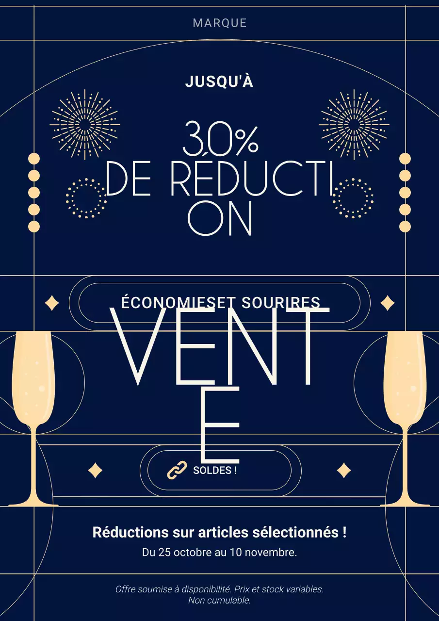 Affiche promotionnelle minimaliste Art déco bleue et or pour le Nouvel An