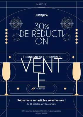 Affiche promotionnelle minimaliste Art déco bleue et or pour le Nouvel An