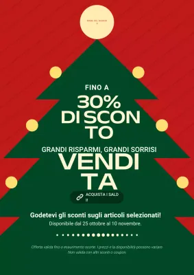 Manifesto illustrativo per saldi natalizi in grassetto verde e rosso