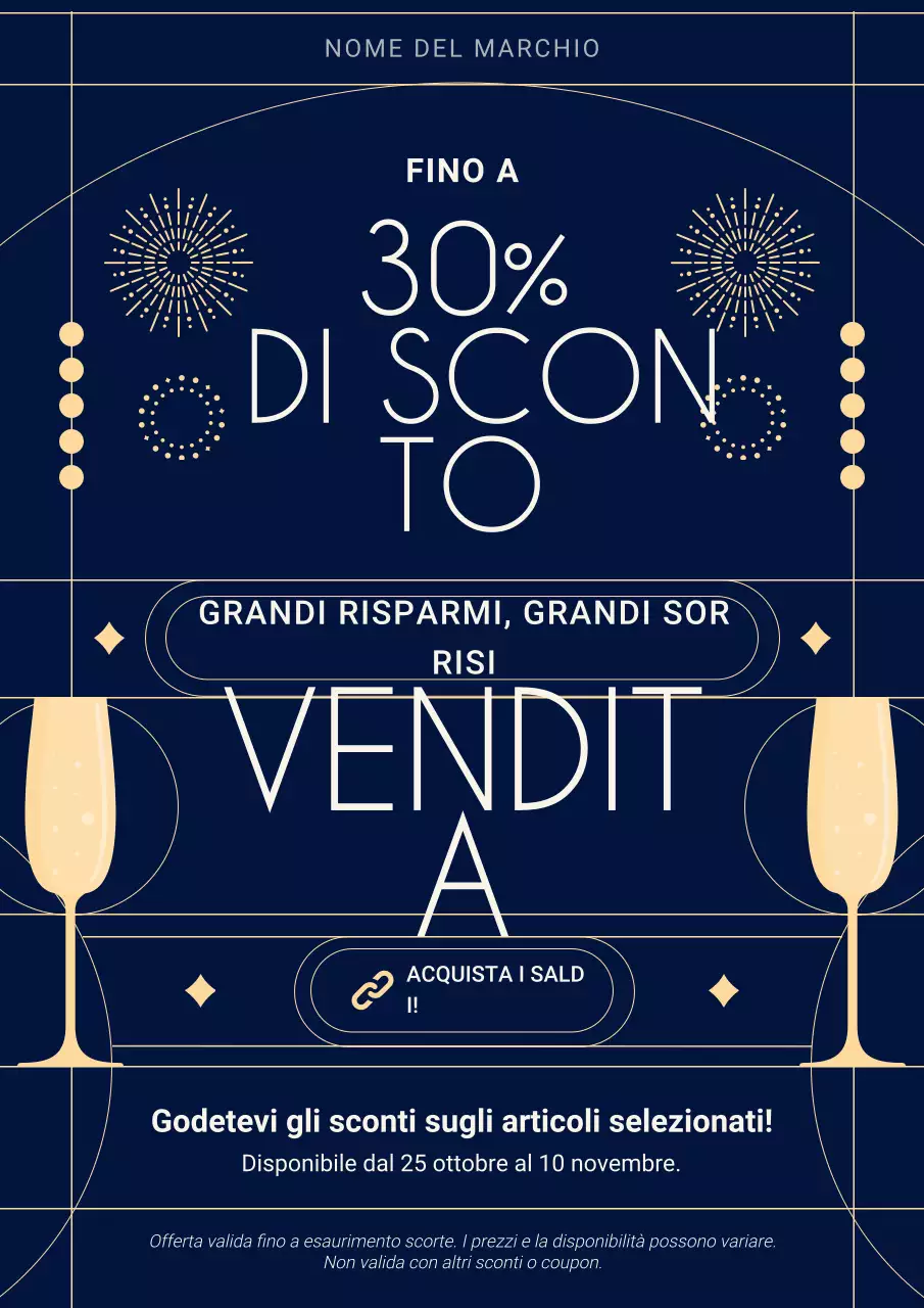 Manifesto promozionale di Capodanno minimalista in stile Art Déco blu e oro