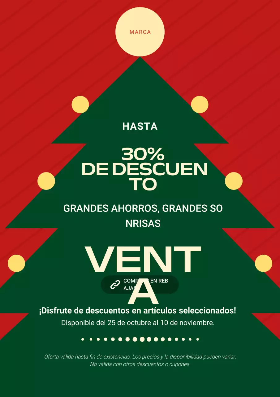 Cartel ilustrativo de rebajas navideñas en verde y rojo intenso