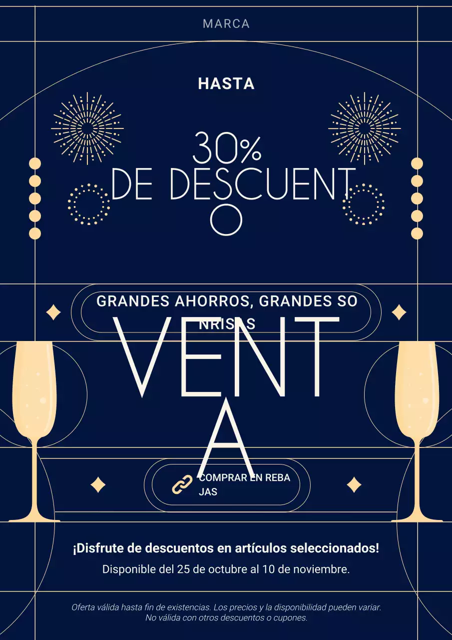 Póster promocional minimalista art déco azul y dorado para Año Nuevo