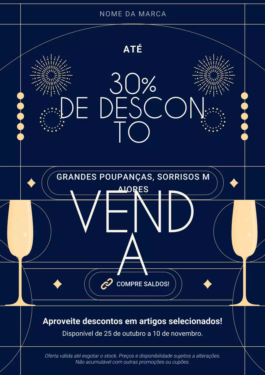 Pôster promocional minimalista Art Déco azul e dourado para o Ano Novo