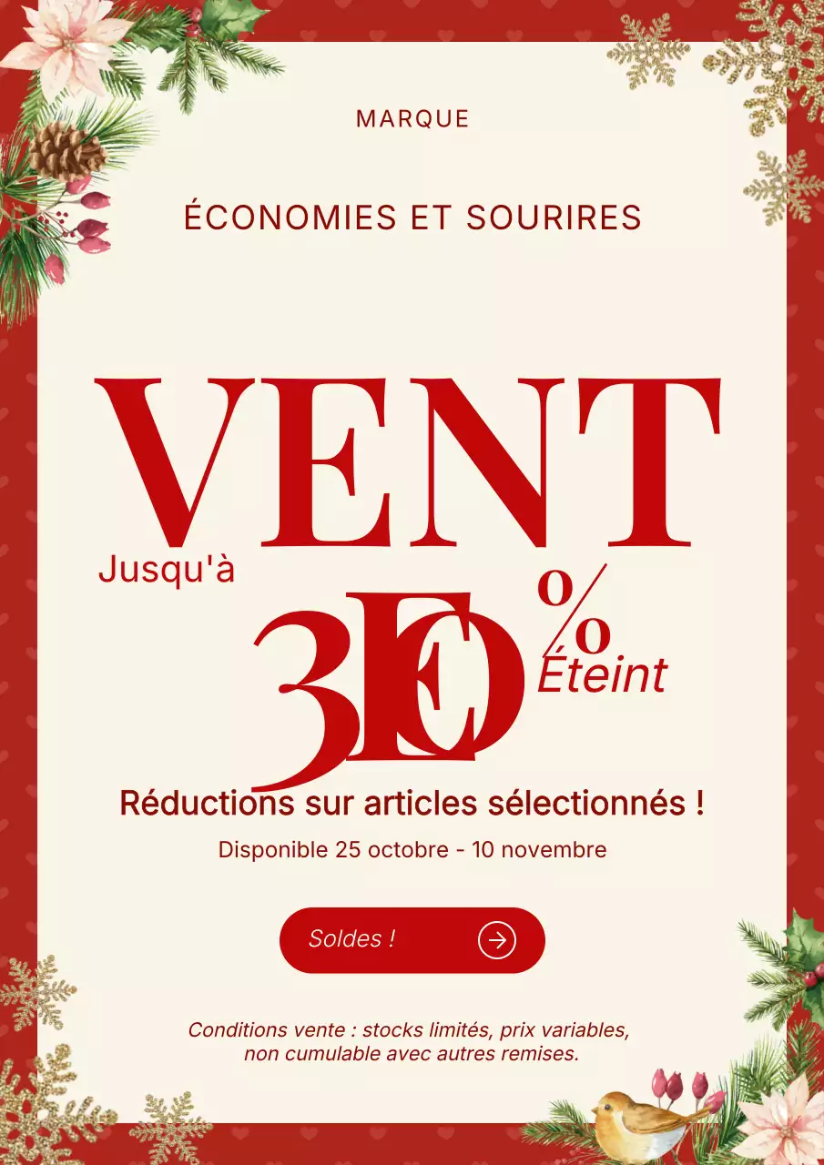 Affiche promotionnelle de Noël vintage classique blanche et rouge