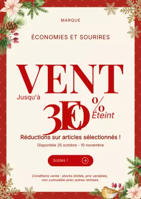 Affiche promotionnelle de Noël vintage classique blanche et rouge