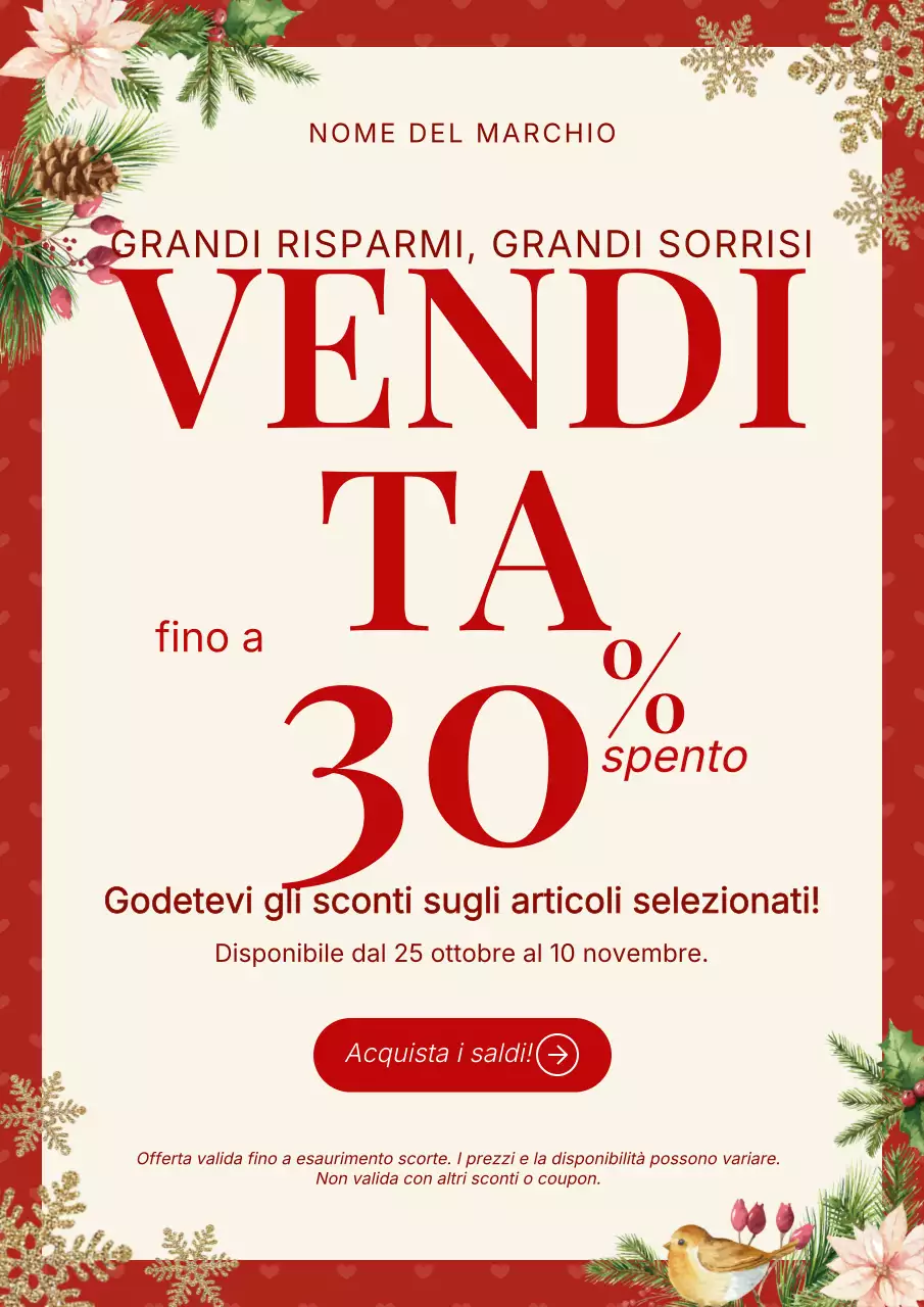 Manifesto promozionale natalizio classico vintage bianco e rosso