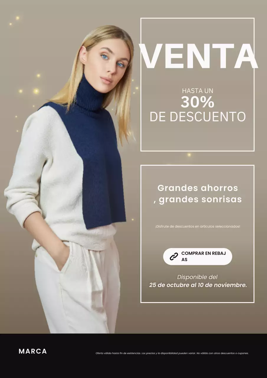Póster minimalista de moda en beige y blanco para las rebajas de Año Nuevo