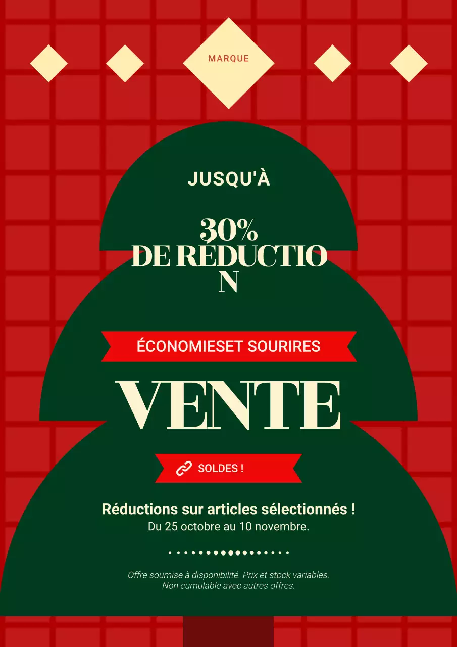 Affiche classique géométrique rouge et verte pour les soldes de Noël