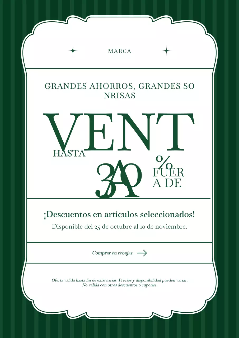 Póster clásico minimalista verde y blanco para las rebajas de Año Nuevo
