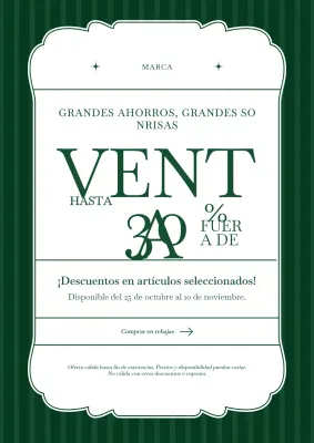 Póster clásico minimalista verde y blanco para las rebajas de Año Nuevo