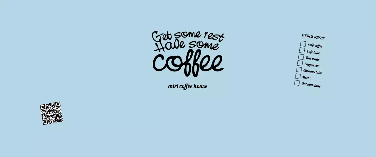 水色 シンプル コーヒー メニュー キューアールとチェック