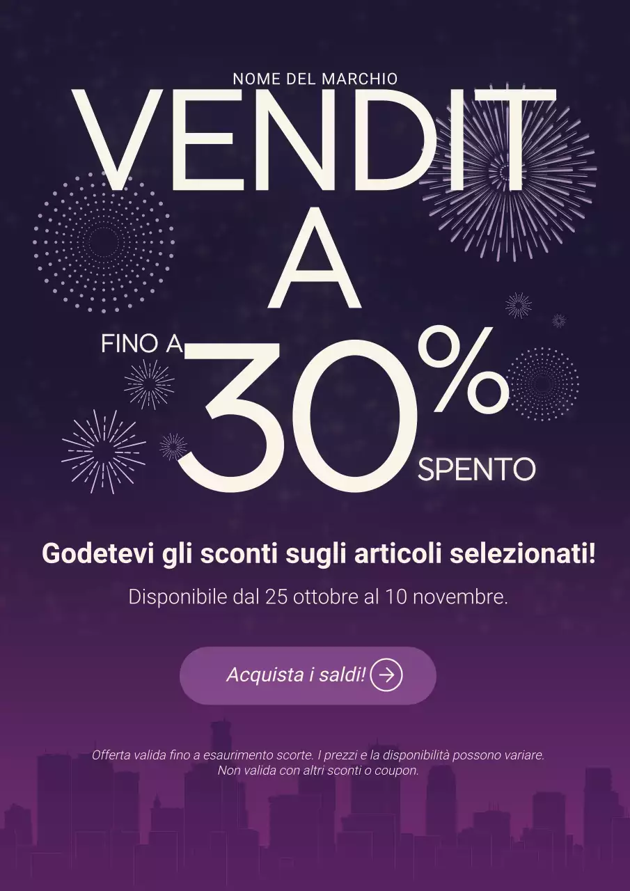 Manifesto minimalista moderno viola e bianco per i saldi di Capodanno