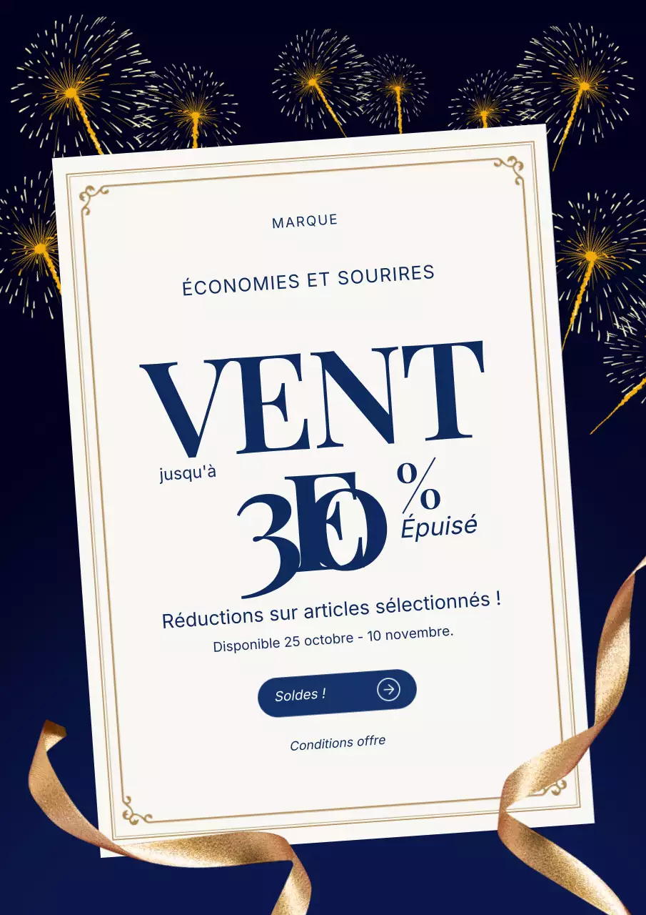 Affiche de soldes du Nouvel An bleu et or, moderne et minimaliste