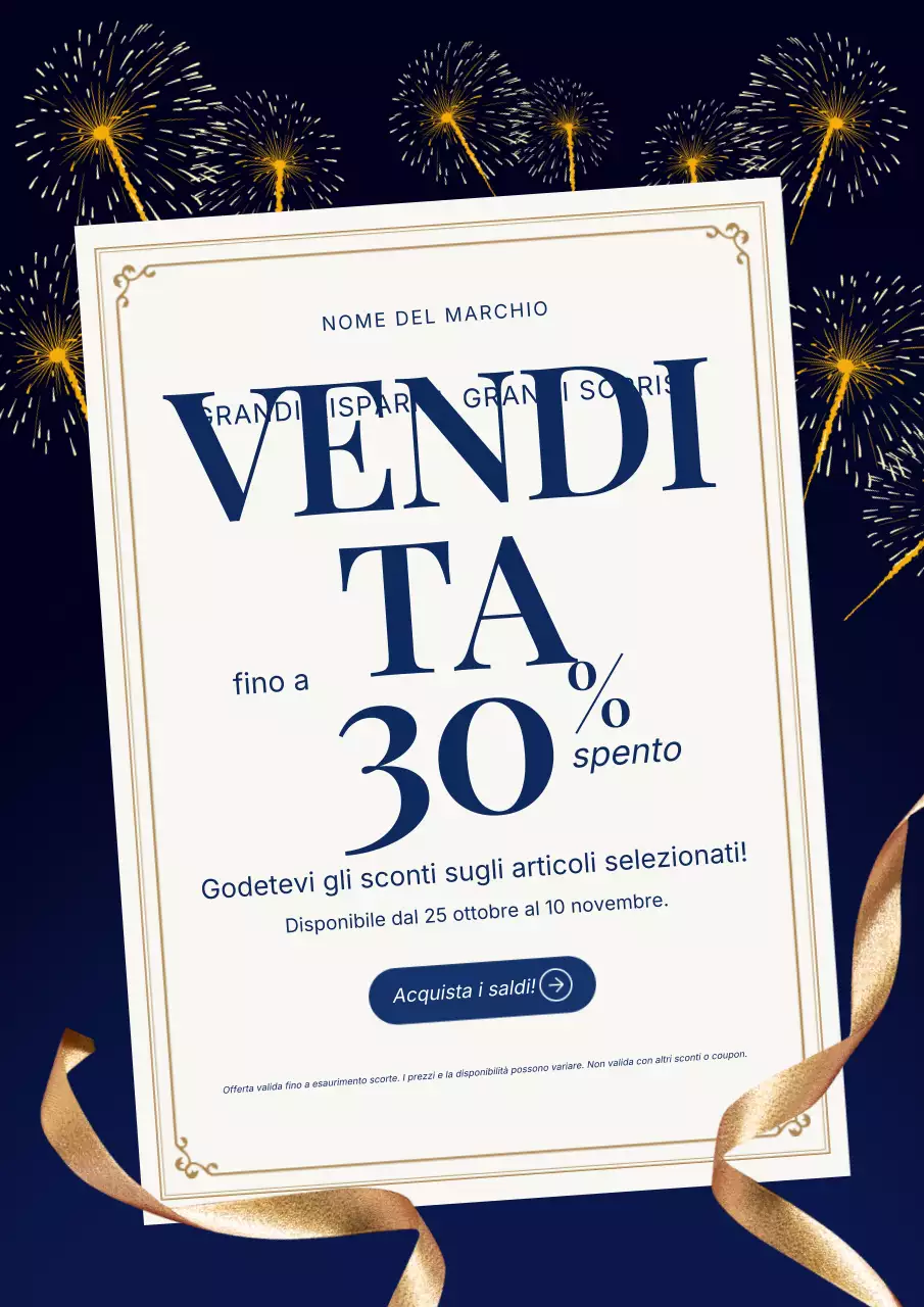 Manifesto minimalista moderno blu e oro per i saldi di Capodanno