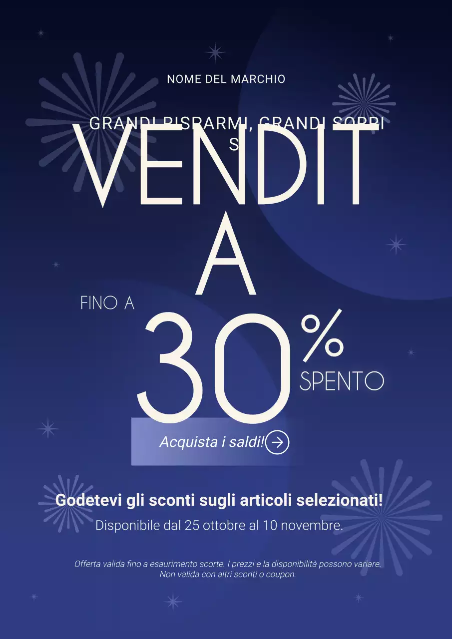 Manifesto minimalista blu e bianco per i saldi di Capodanno