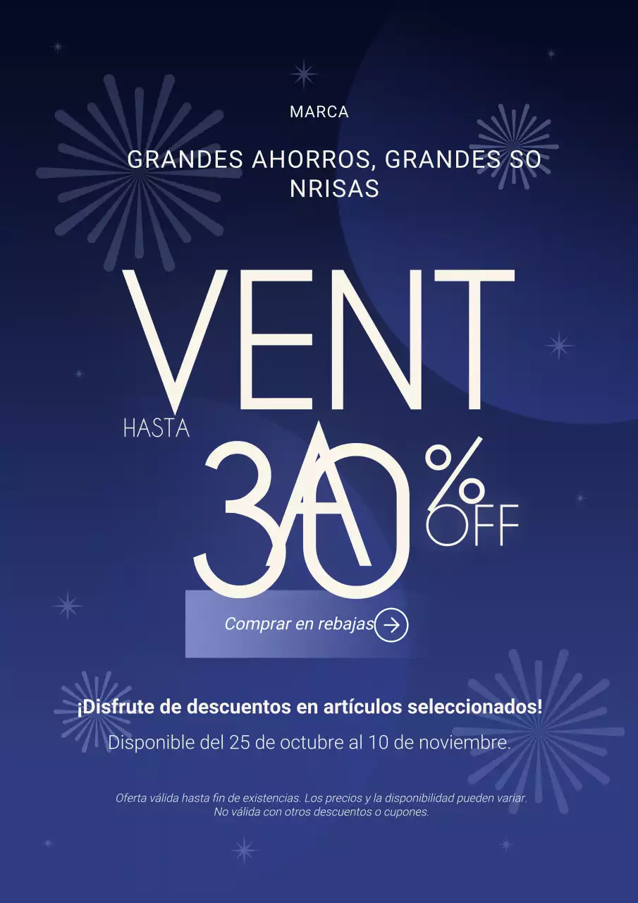 Póster minimalista azul y blanco para las rebajas de Año Nuevo