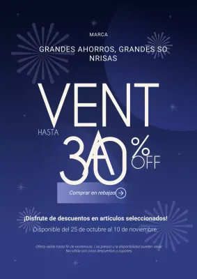 Póster minimalista azul y blanco para las rebajas de Año Nuevo