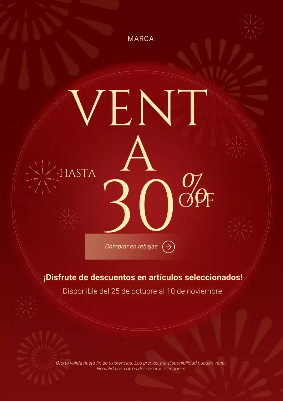 Póster minimalista rojo y crema para las rebajas de Año Nuevo