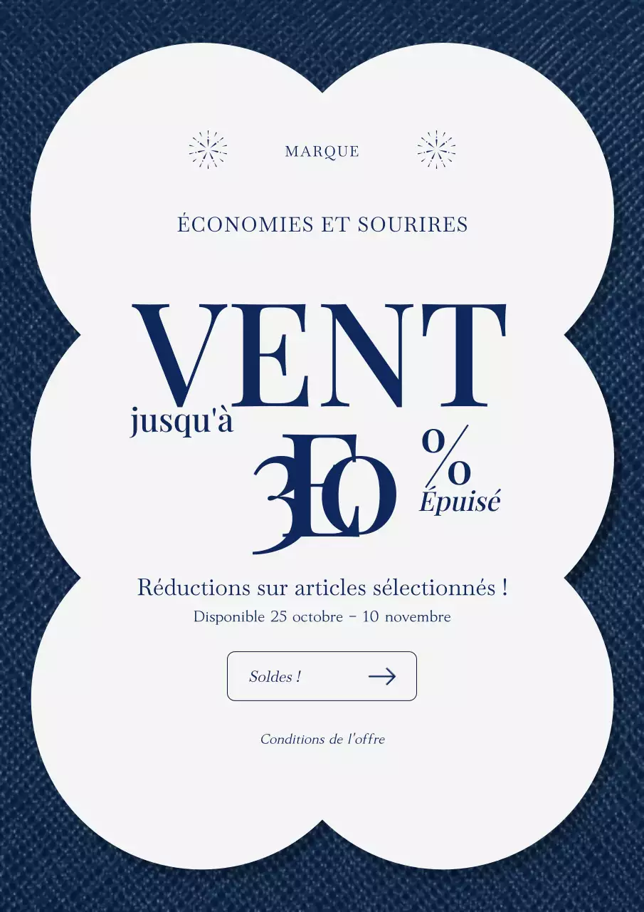 Affiche minimaliste bleue et blanche pour les soldes du Nouvel An