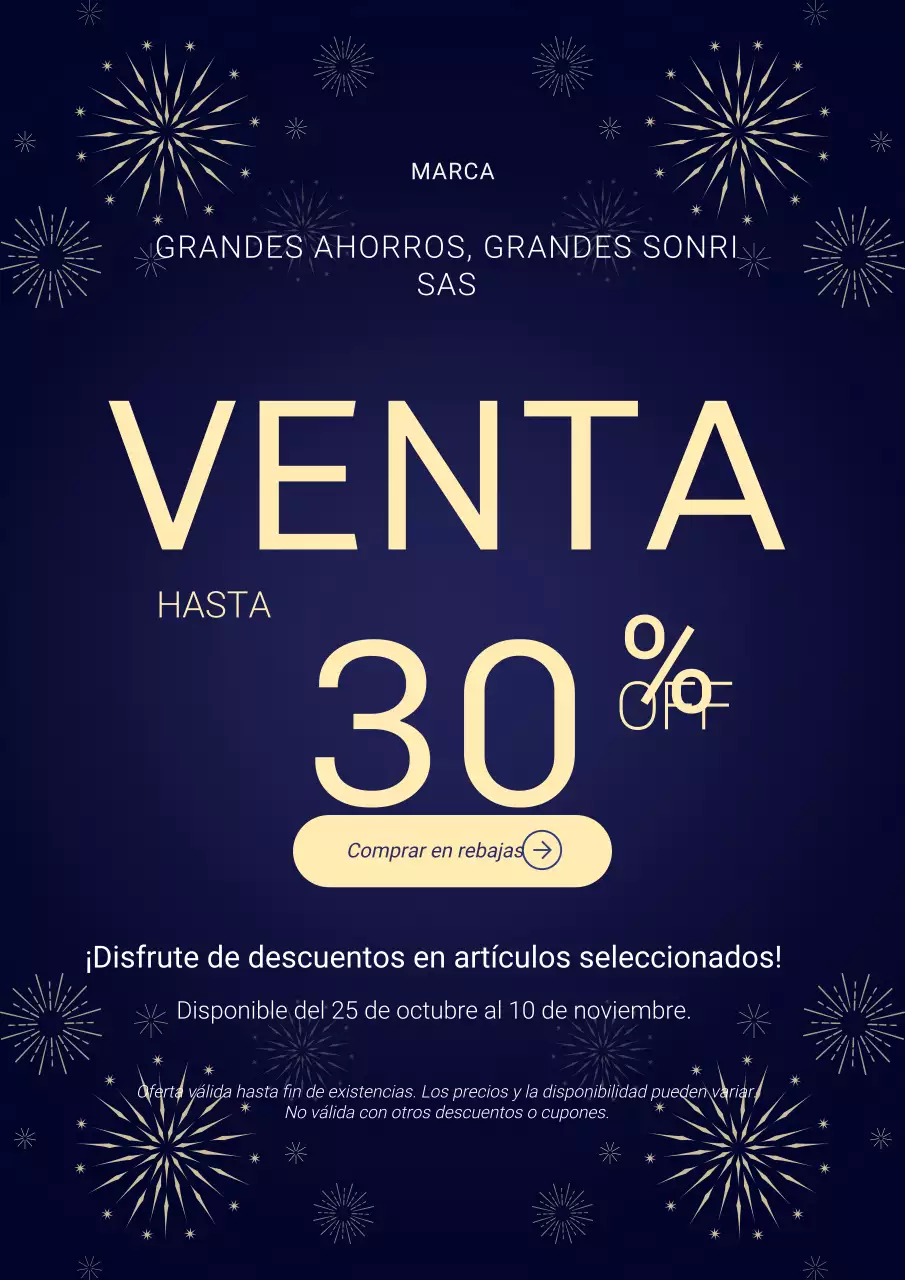 Póster minimalista azul y beige para las rebajas de Año Nuevo