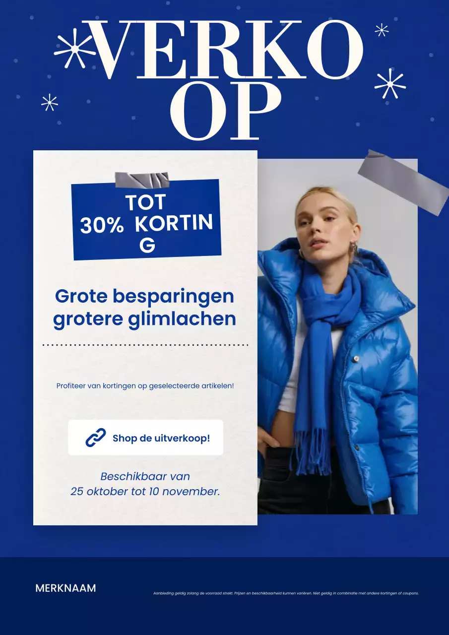 Blauwe en witte minimalistische moderne mode nieuwjaarsuitverkoopposter