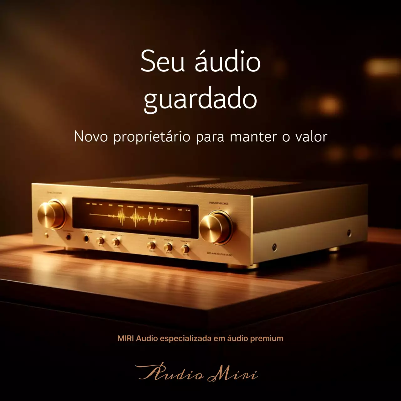 Anúncio de áudio vintage dourado